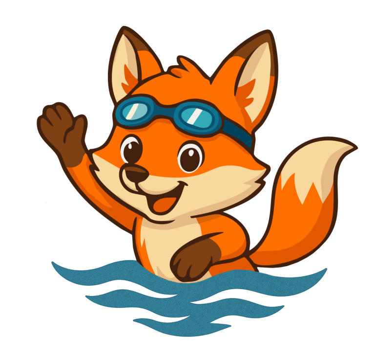 Fröhlicher SwimFox Ein fröhlicher Fuchs mit Schwimmbrille auf der Stirn, der im Wasser planscht und rüber winkt.