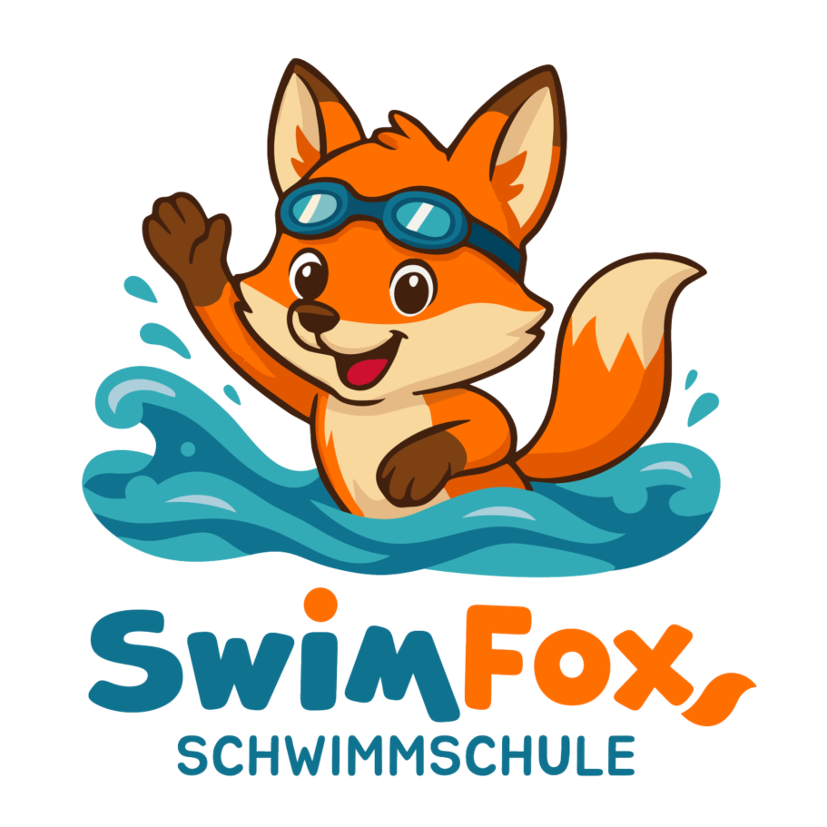 Ein fröhlicher Fuchs winkt und hat eine Schwimmbrille auf dem Kopf. Der Fuchs ist das Logo der Schwimmschule und heißt SwimFox.